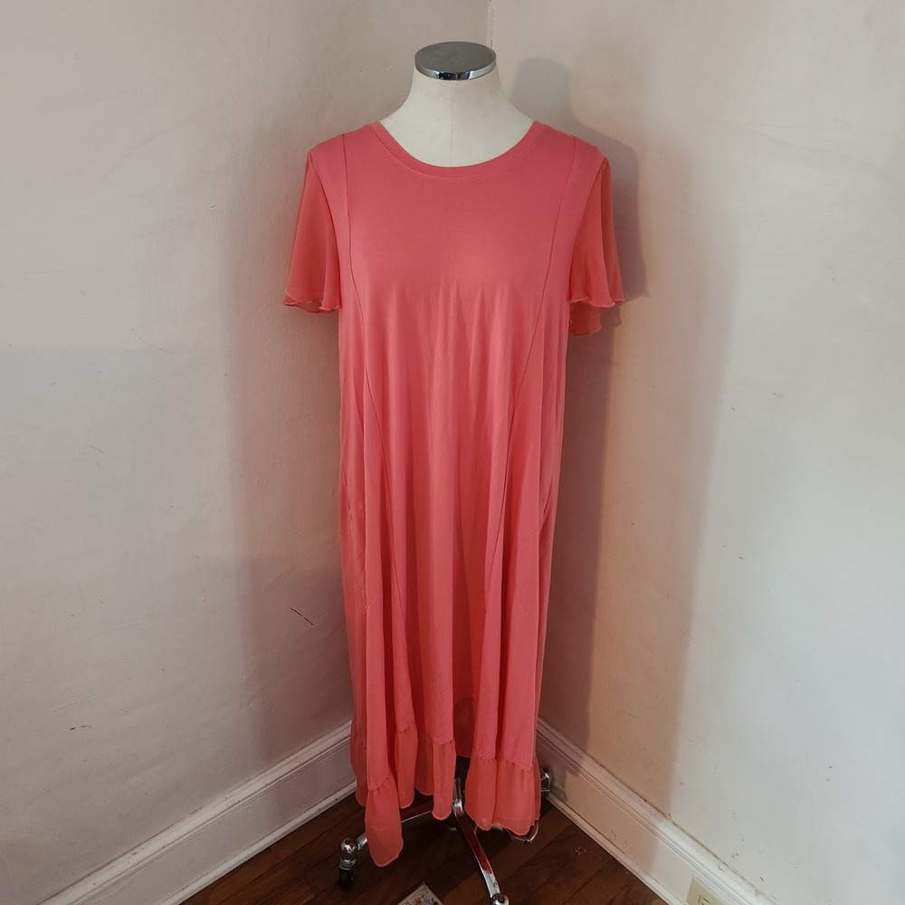 LOGO Lori Goldstein Coral Pink Flutter Sleeve Ruffle Hem Midi Dress‎ Large